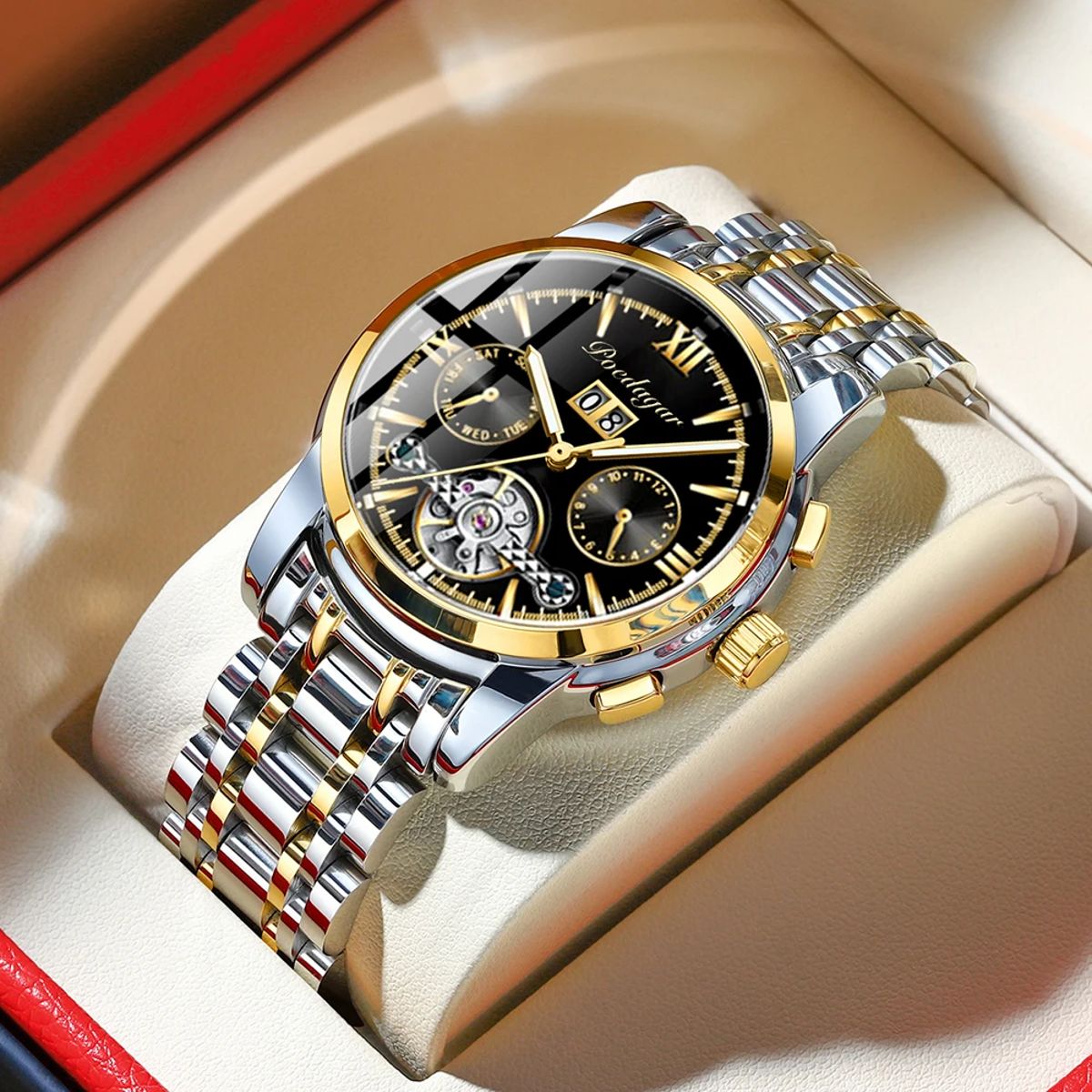 Elegant Mechanical Tourbillon Watch with Luminous Display & Date Poedagar - Men's Dress Watches 1