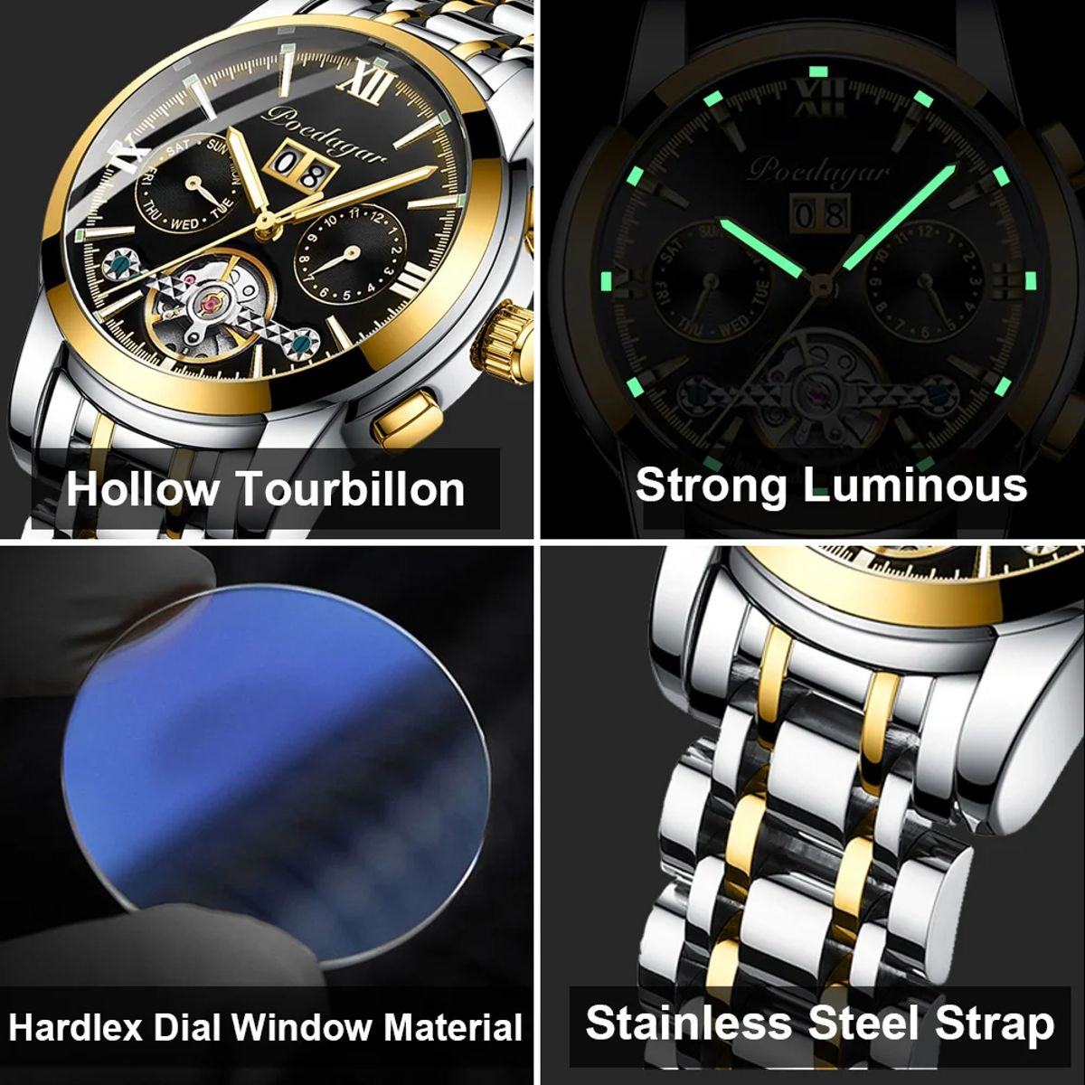 Elegant Mechanical Tourbillon Watch with Luminous Display & Date Poedagar - Men's Dress Watches 2