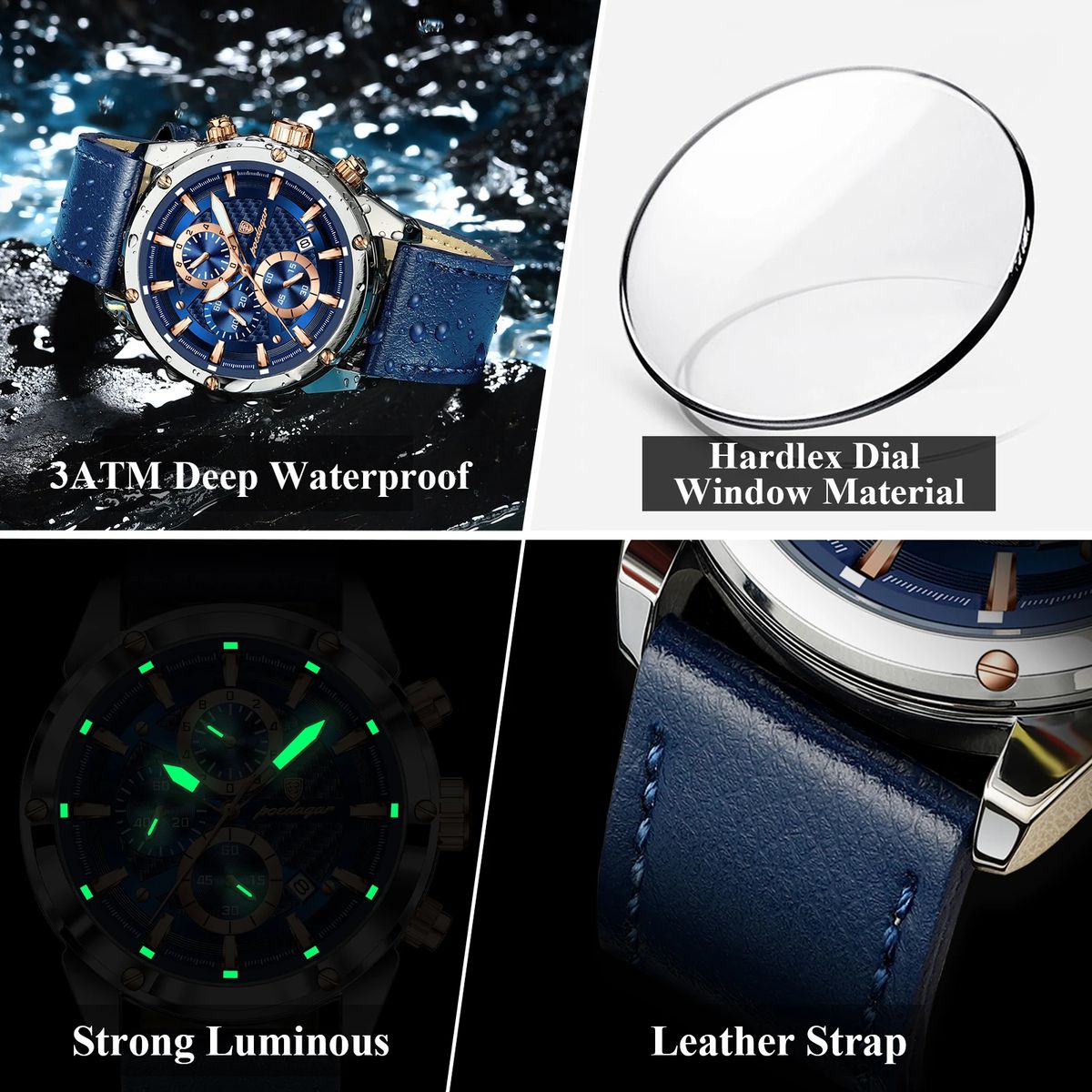 Luxury Chronograph Leather Strap Watch with Luminous Display Poedagar - Men's Dress Watches 2
