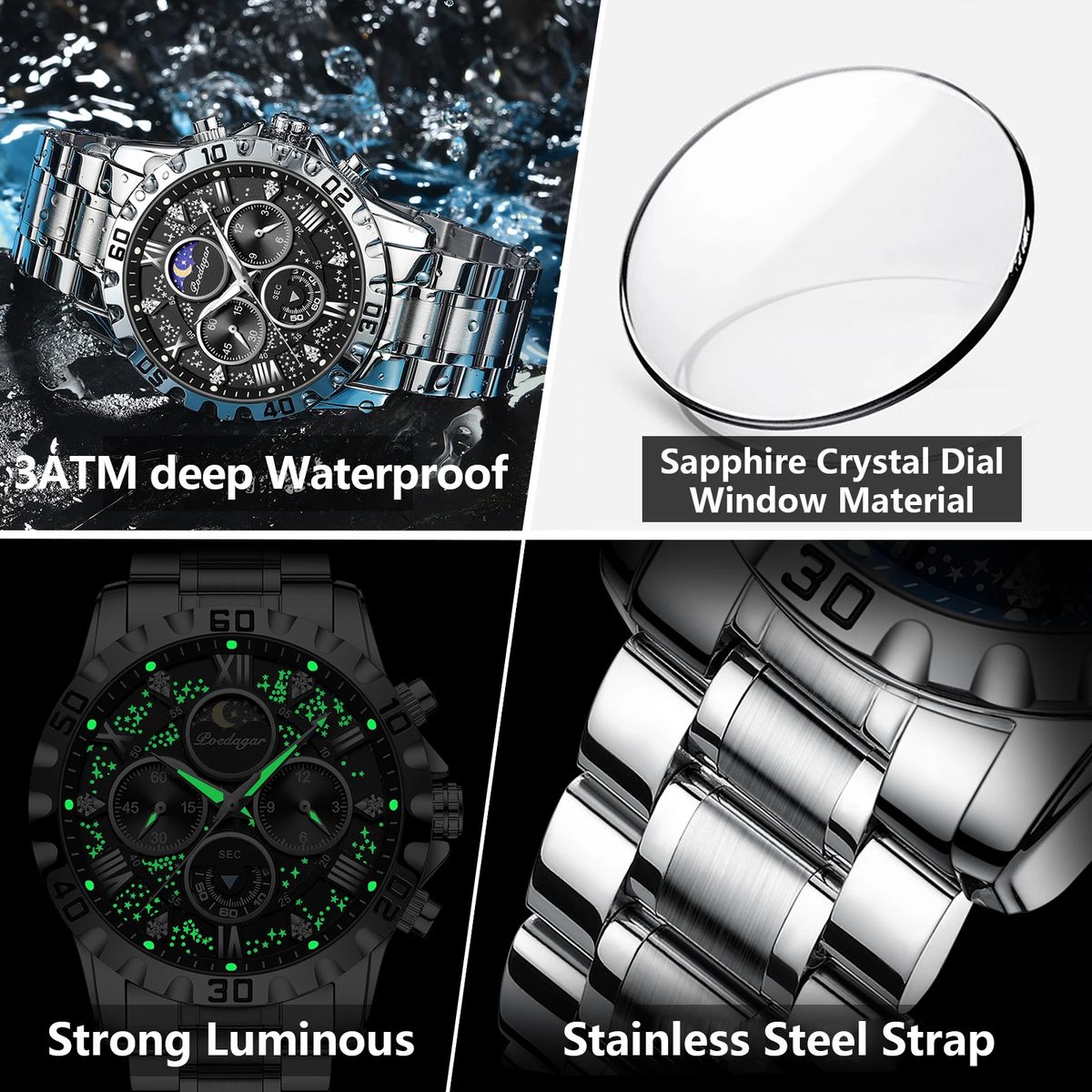 Stylish Chronograph Quartz Watch with Luminous Waterproof Design Poedagar - Men's Dress Watches 3