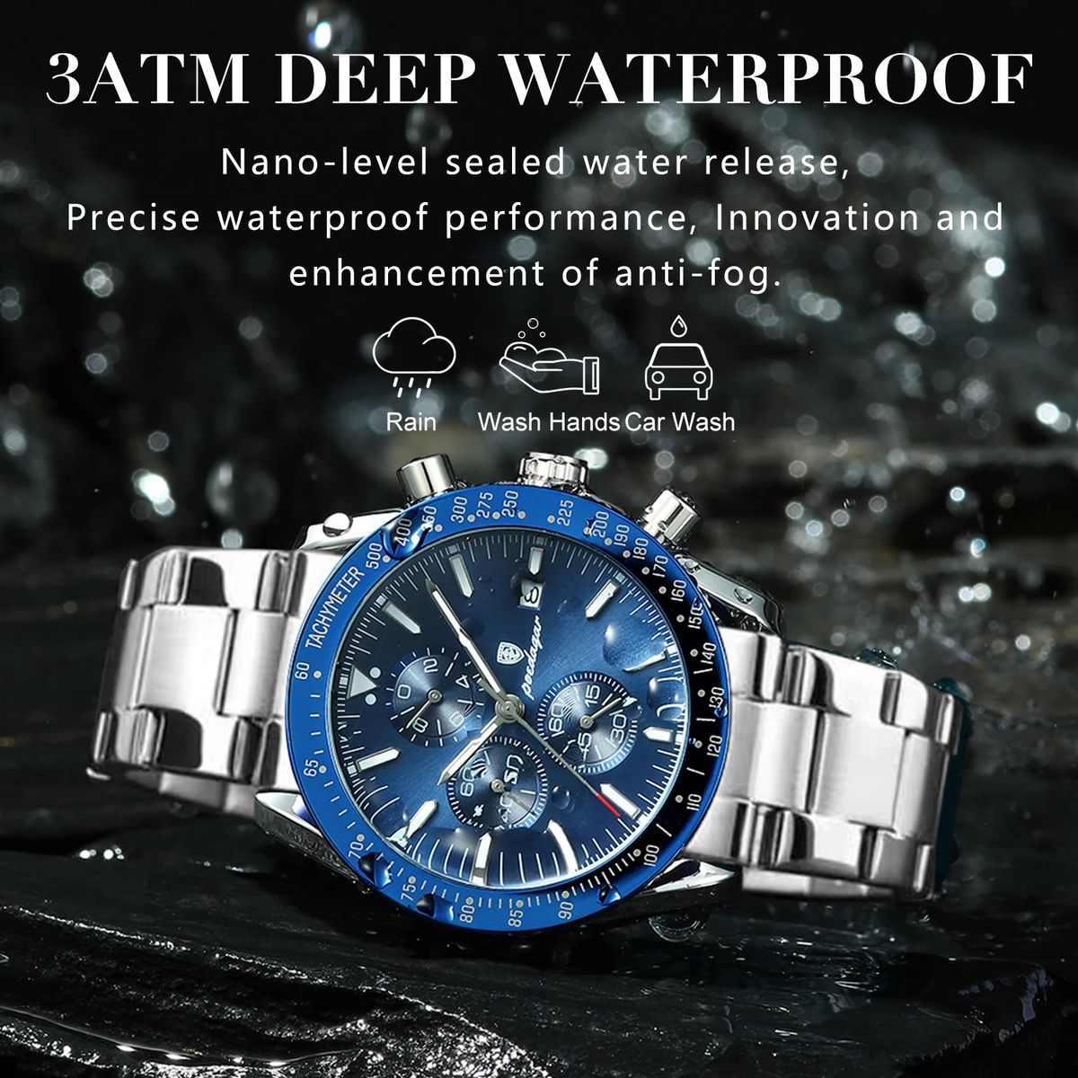Luxury Chronograph Men's Watch with Stainless Steel and Calendar Poedagar - Men's Dress Watches 2