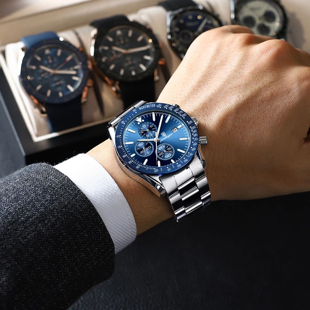 Luxury Chronograph Men's Watch with Stainless Steel and Calendar Poedagar - Men's Dress Watches 4