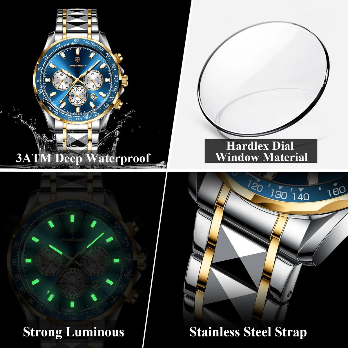 Stainless Steel Chronograph Watch for Men with Luminous Dial Poedagar - Men's Dress Watches 2