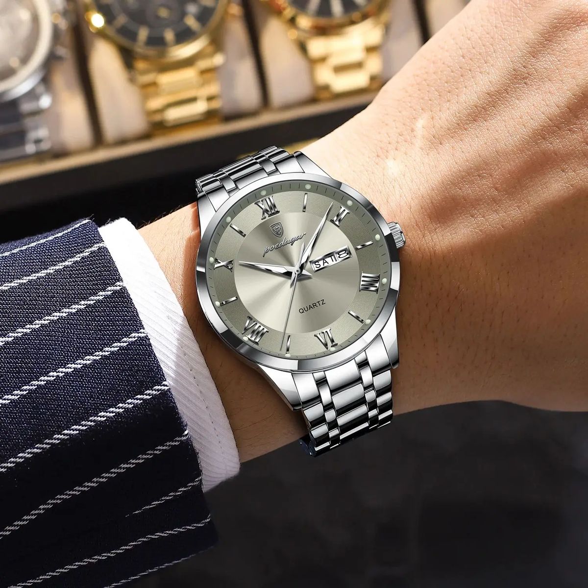 Stylish Men's Stainless Steel Quartz Watch with Calendar Display Poedagar - Men's Dress Watches 1