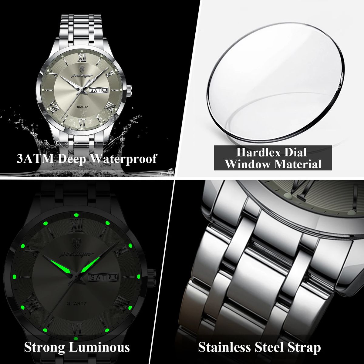Stylish Men's Stainless Steel Quartz Watch with Calendar Display Poedagar - Men's Dress Watches 3
