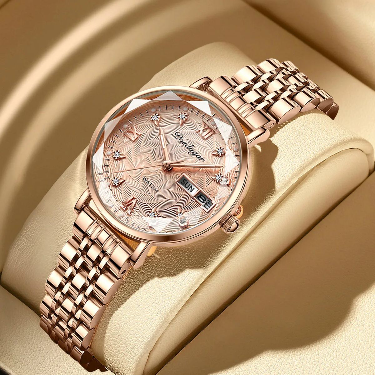 Elegant Stainless Steel Women's Watch with Date and Week Display Poedagar - Women's Dress Watches 1