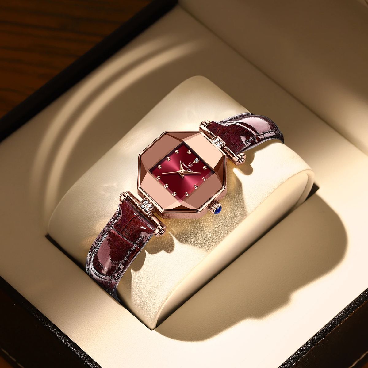 Elegant Red Dial Women's Leather Watch with Irregular Case Design Elegant Red Dial Women's Leather Watch with Irregular Case Design
