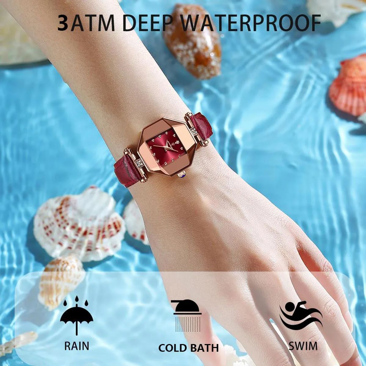 Elegant Red Dial Women's Leather Watch with Irregular Case Design Elegant Red Dial Women's Leather Watch with Irregular Case Design