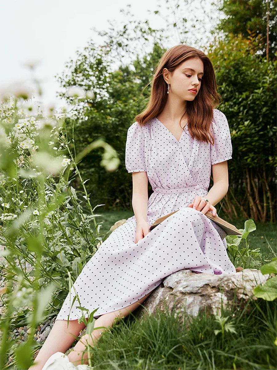 Elegant V-Neck Polka Dot A-Line Dress for Women Summer