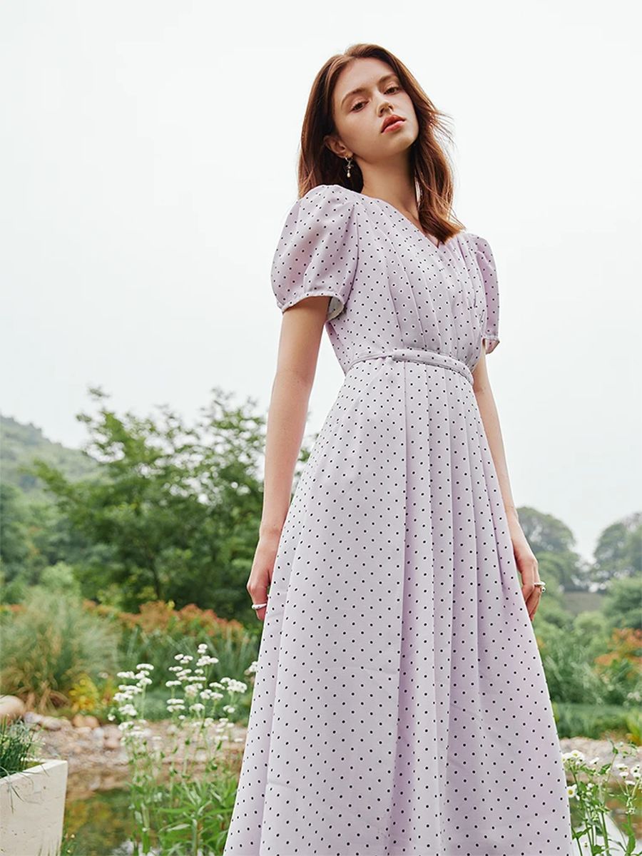 Elegant V-Neck Polka Dot A-Line Dress for Women Summer