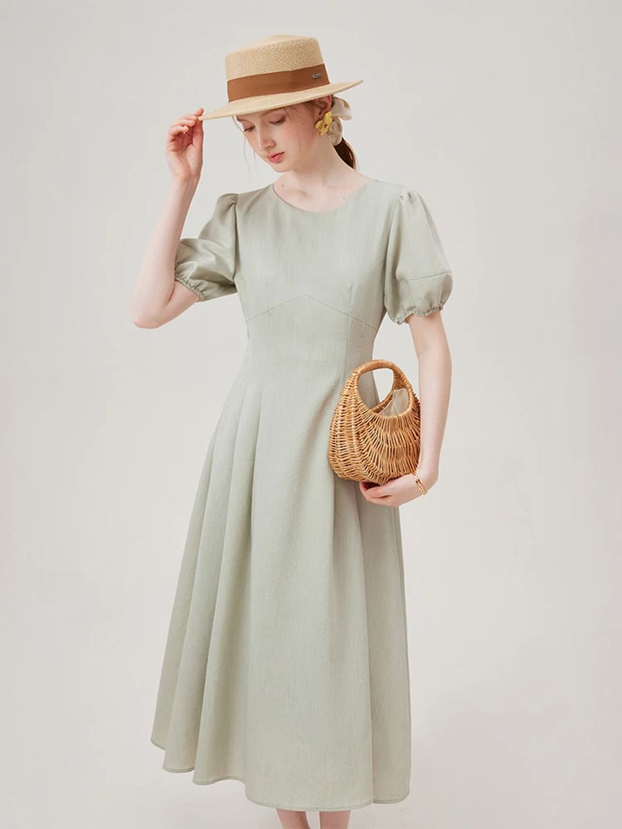 Elegant Round Neck Drawstring Long Dress for Women Summer