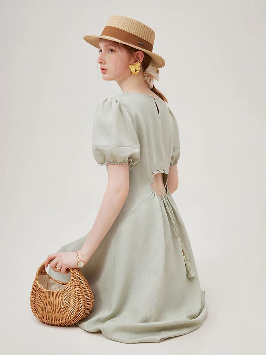 Elegant Round Neck Drawstring Long Dress for Women Summer