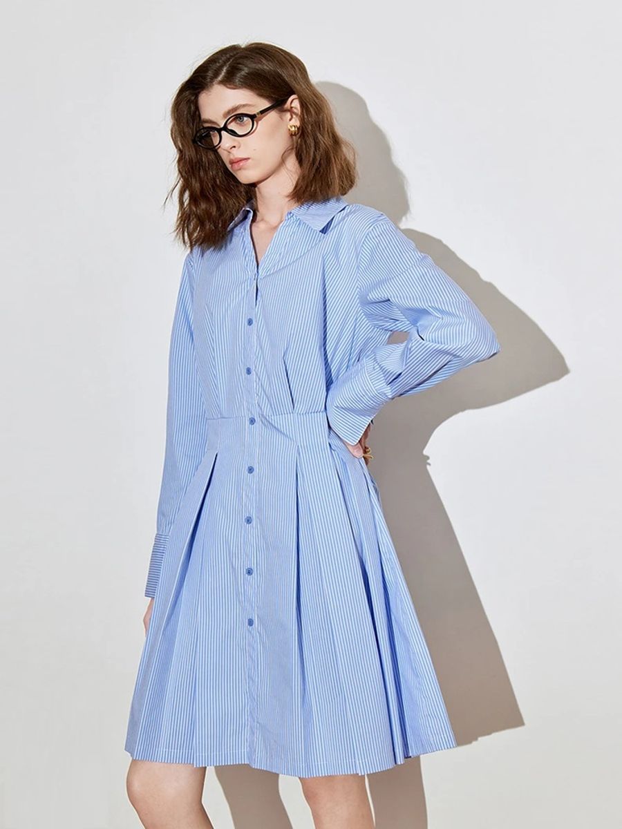 Elegant Pleated A-Line Dress with Turn-Down Collar and Stripes