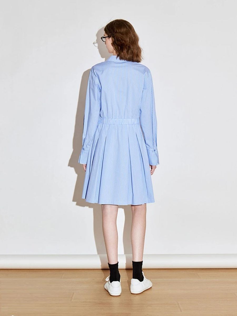 Elegant Pleated A-Line Dress with Turn-Down Collar and Stripes