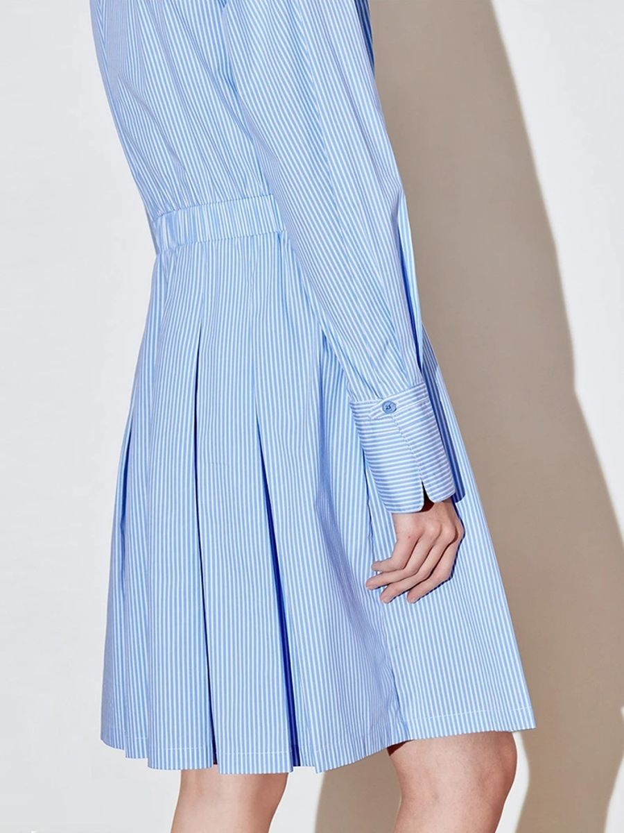 Elegant Pleated A-Line Dress with Turn-Down Collar and Stripes