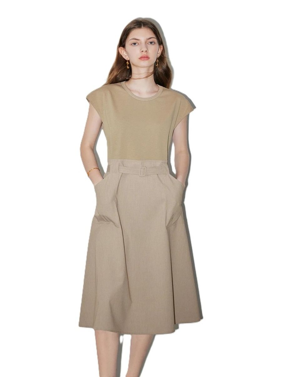 Elegant Sleeveless Mid-Length Dress with Pockets and Waist Tie