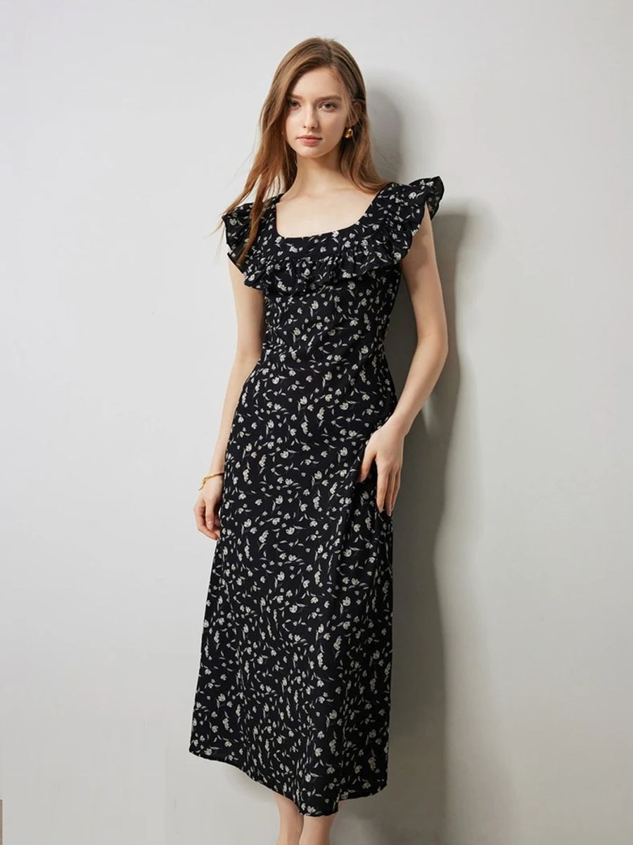 Floral Printed Waistband Dress with Flying Sleeves for Women