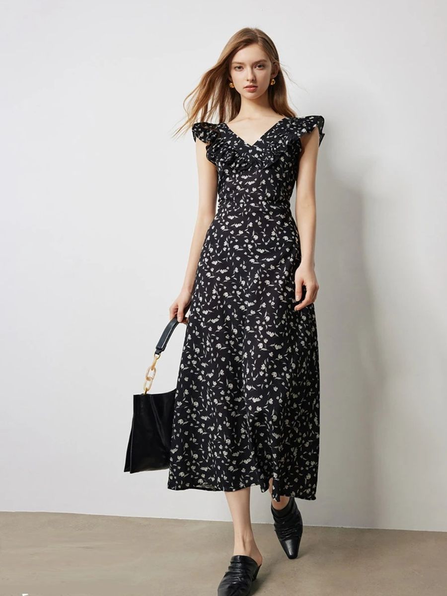 Floral Printed Waistband Dress with Flying Sleeves for Women