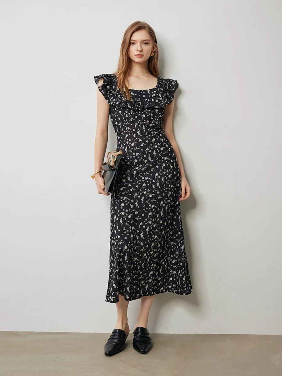 Floral Printed Waistband Dress with Flying Sleeves for Women