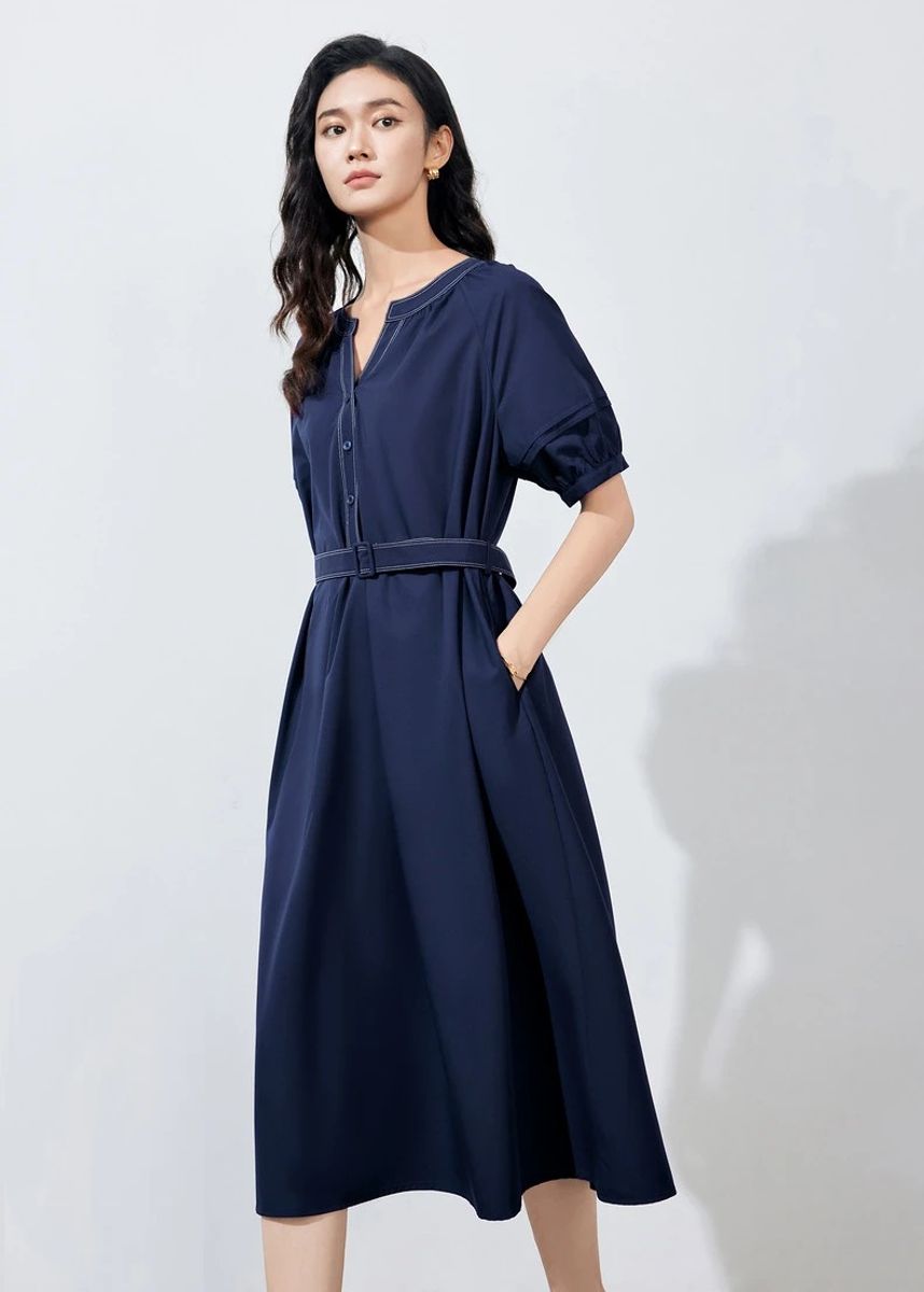 Elegant V-Neck Mid-Length Dress with Belt for Women Office