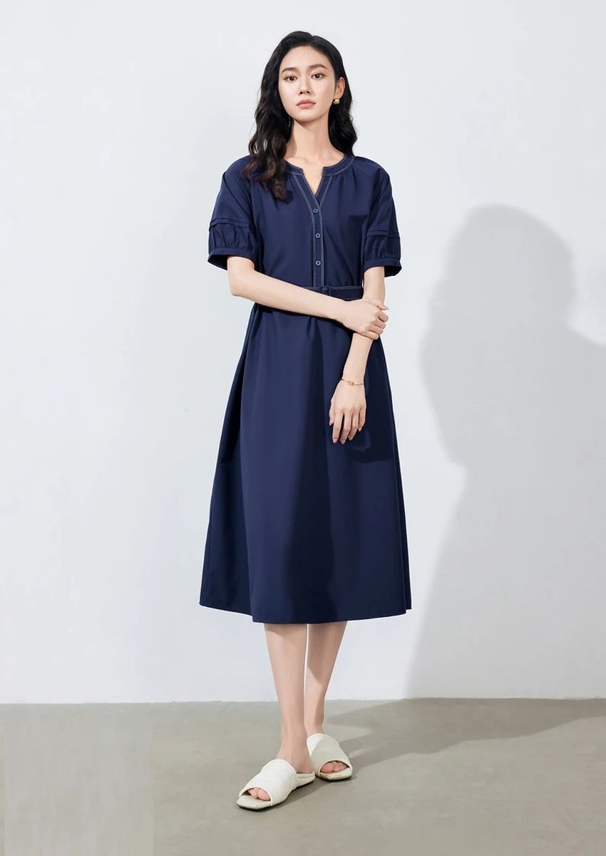 Elegant V-Neck Mid-Length Dress with Belt for Women Office