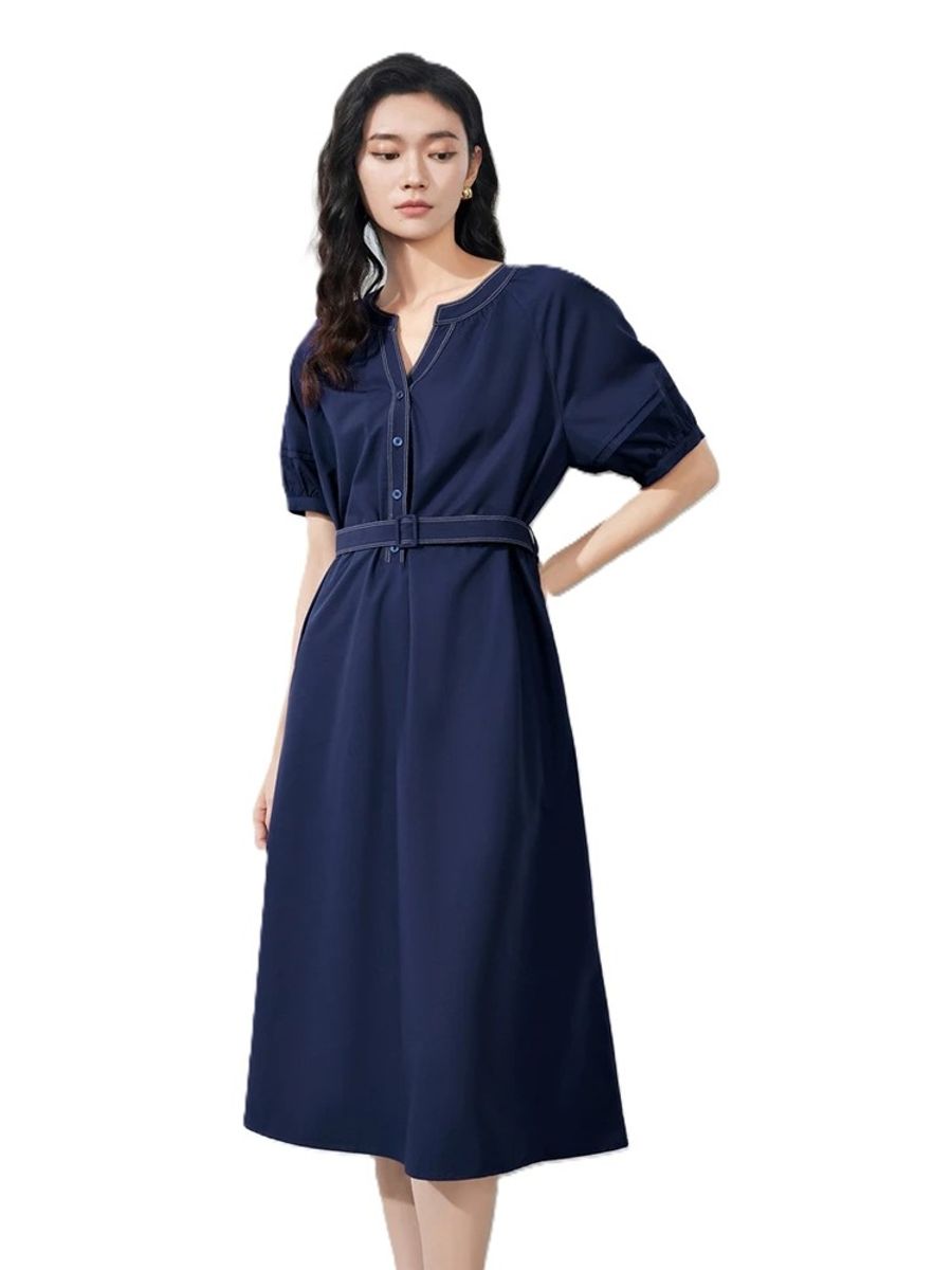 Elegant V-Neck Mid-Length Dress with Belt for Women Office