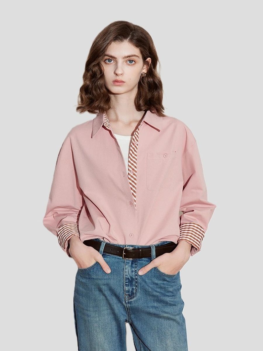 Striped Cotton Shirt with Diagonal Collar for Women Spring Toyouth - Women's Shirts & Blouses