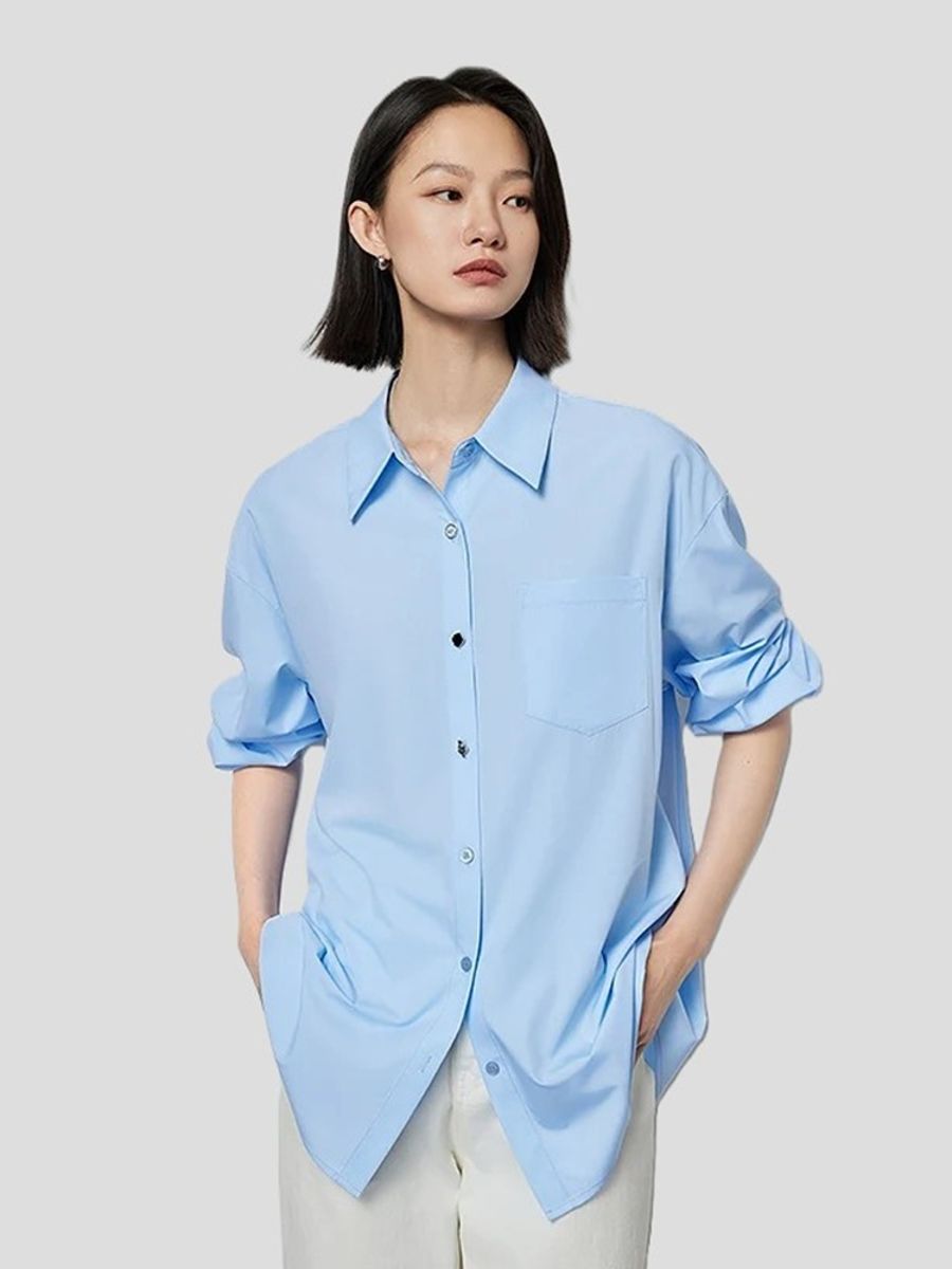 Solid Color Button-Up Blouse for Women Office or Casual