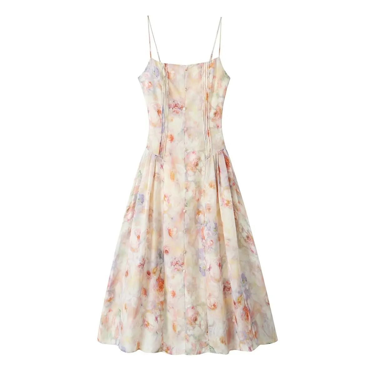 Chic Floral Print Spaghetti Strap A-Line Holiday Dress Yenkye - Women's Midi Dresses