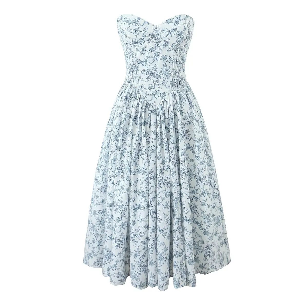 Elegant Floral Strapless Fit-and-Flare Dress for Summer Parties