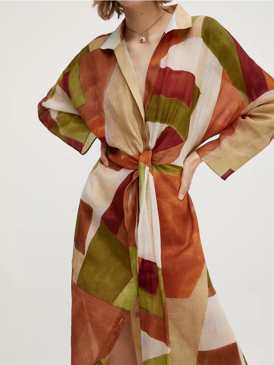 Vintage Print Belted Shirt Dress with Lapel and Sleeves Vintage Print Belted Shirt Dress with Lapel and Sleeves