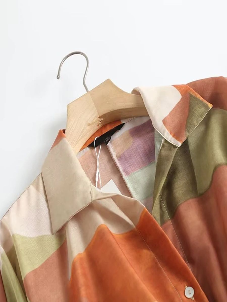 Vintage Print Belted Shirt Dress with Lapel and Sleeves Vintage Print Belted Shirt Dress with Lapel and Sleeves