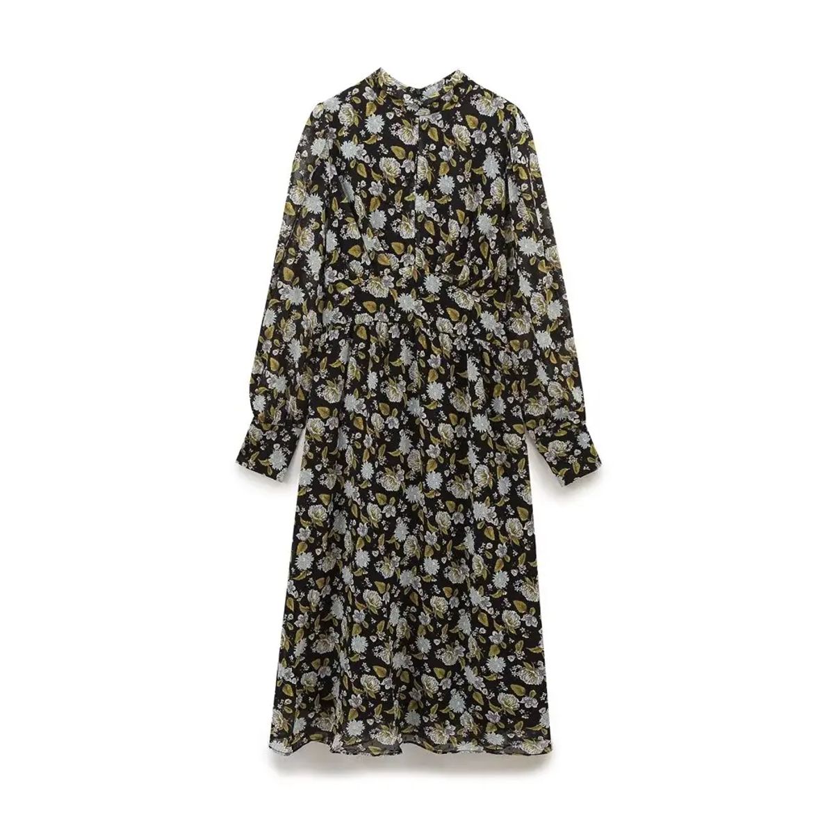 Vintage Floral Print Midi Dress with Stand Collar & Sleeves