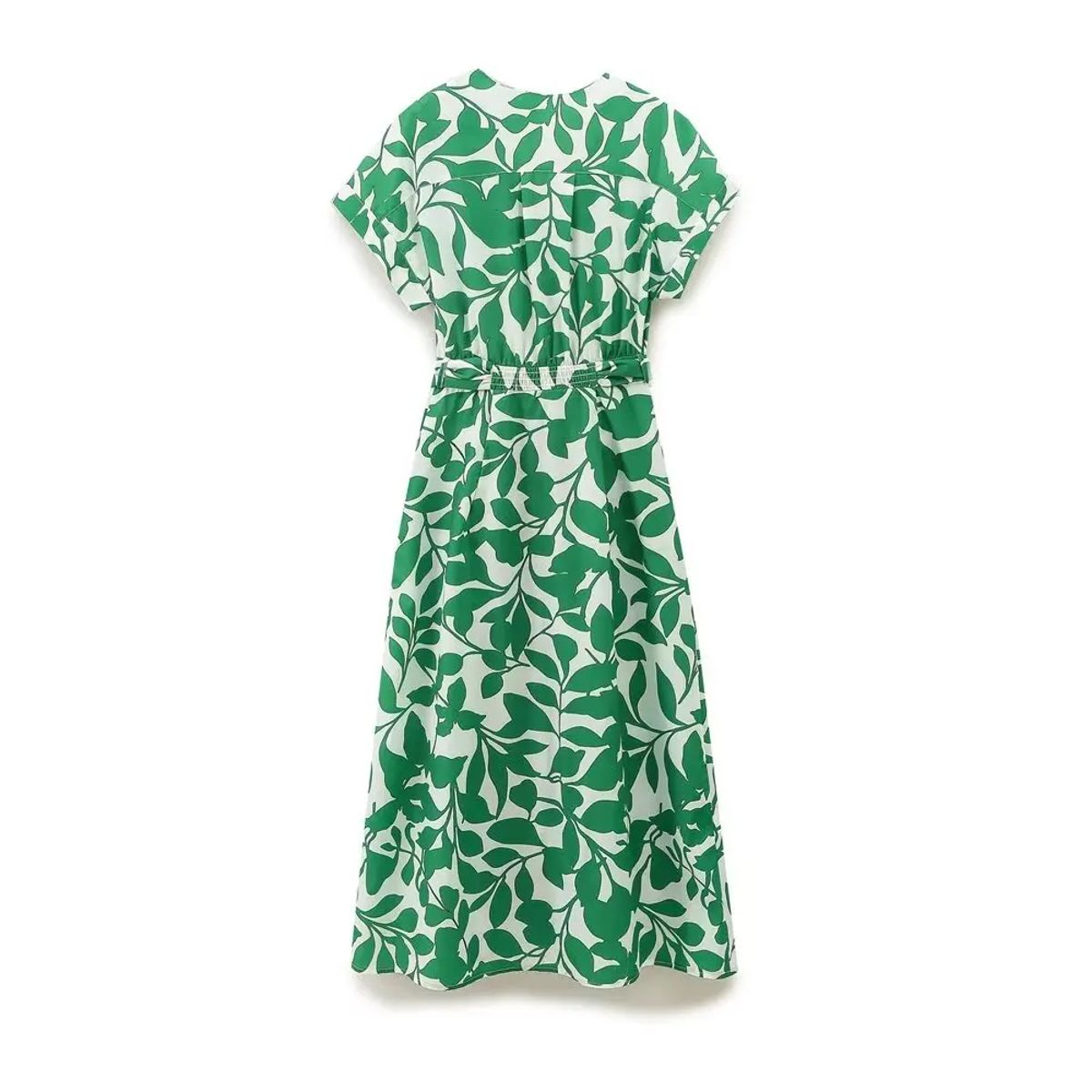 Green Printed V-Neck Midi Dress with Belted Waist