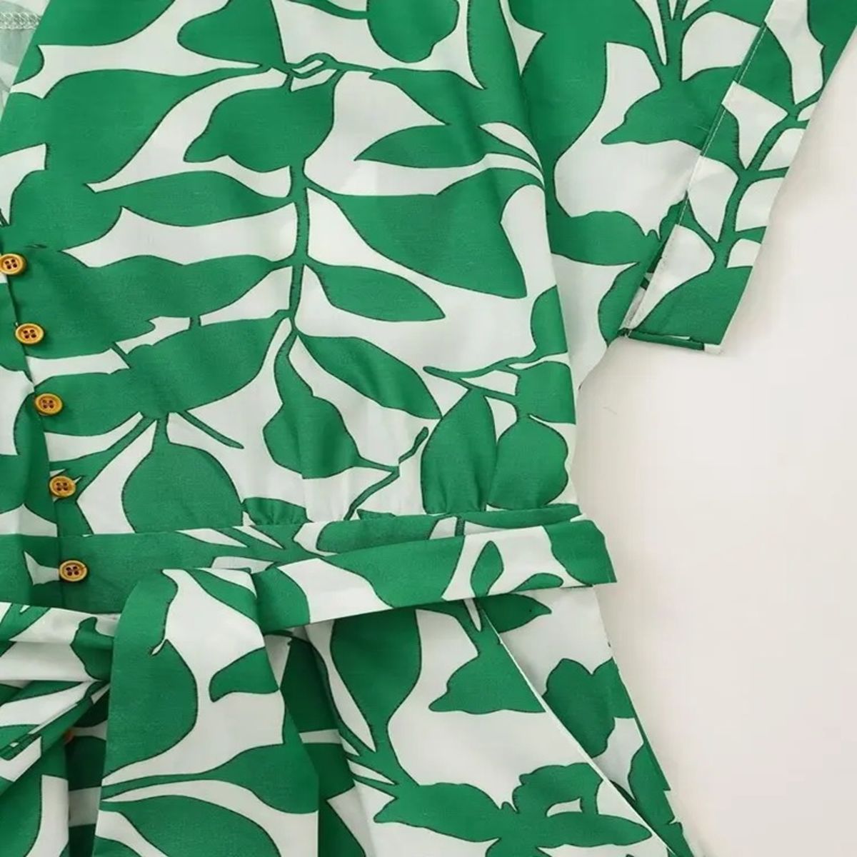 Green Printed V-Neck Midi Dress with Belted Waist