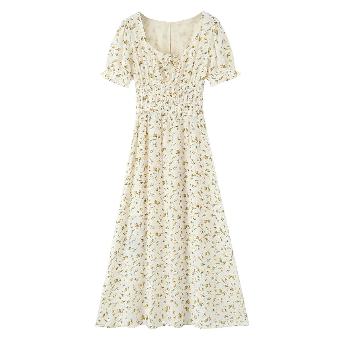 Floral Print A-Line Midi Dress with Square Neck and Waist