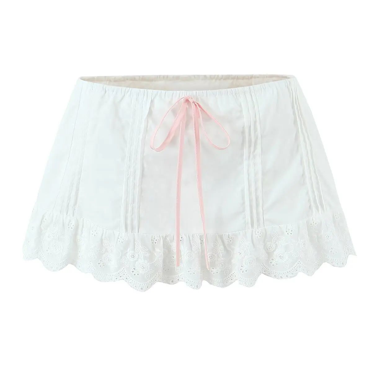 Lace Spliced Bow Low Waist A-Line Mini Holiday Skirt Yenkye - Women's Mini Skirts