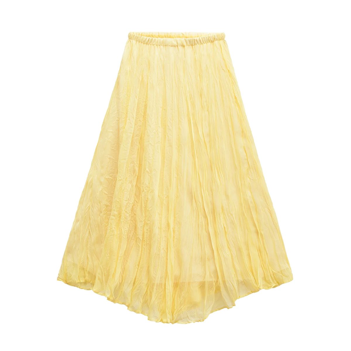 Women's Crinkle Effect Yellow Maxi Skirt with Asymmetrical Hem Women's Crinkle Effect Yellow Maxi Skirt with Asymmetrical Hem