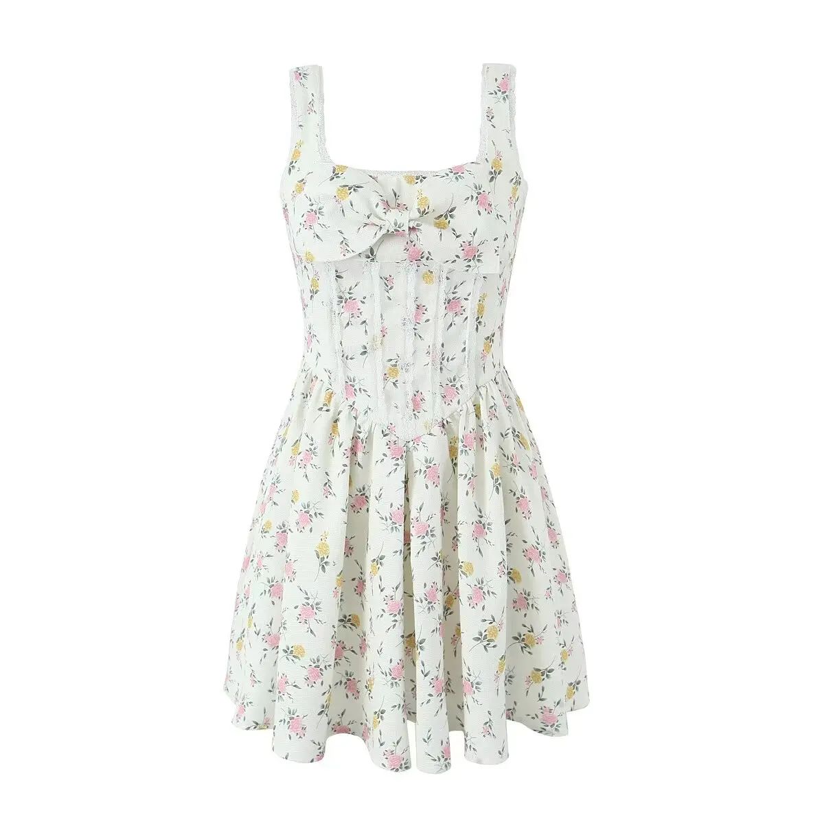 Summer Bow Floral Lace-Trim Mini Party Dress Yenkye - Women's Mini Dresses