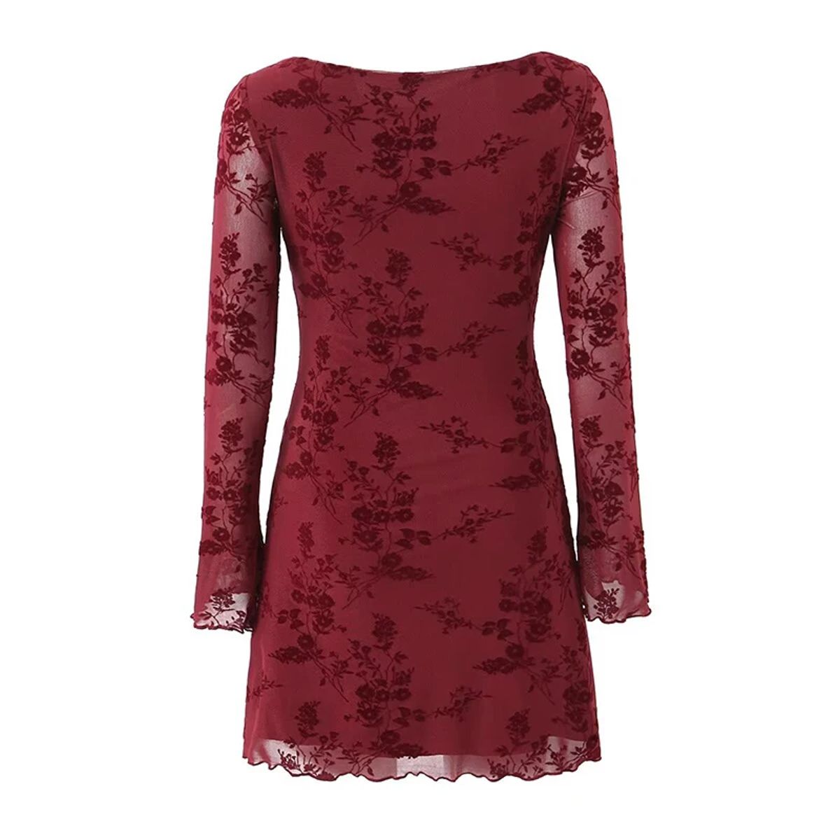Vintage Flocking Flower Mesh Mini Dress with Flare Sleeves for Women Yenkye - Women's Mini Dresses 1