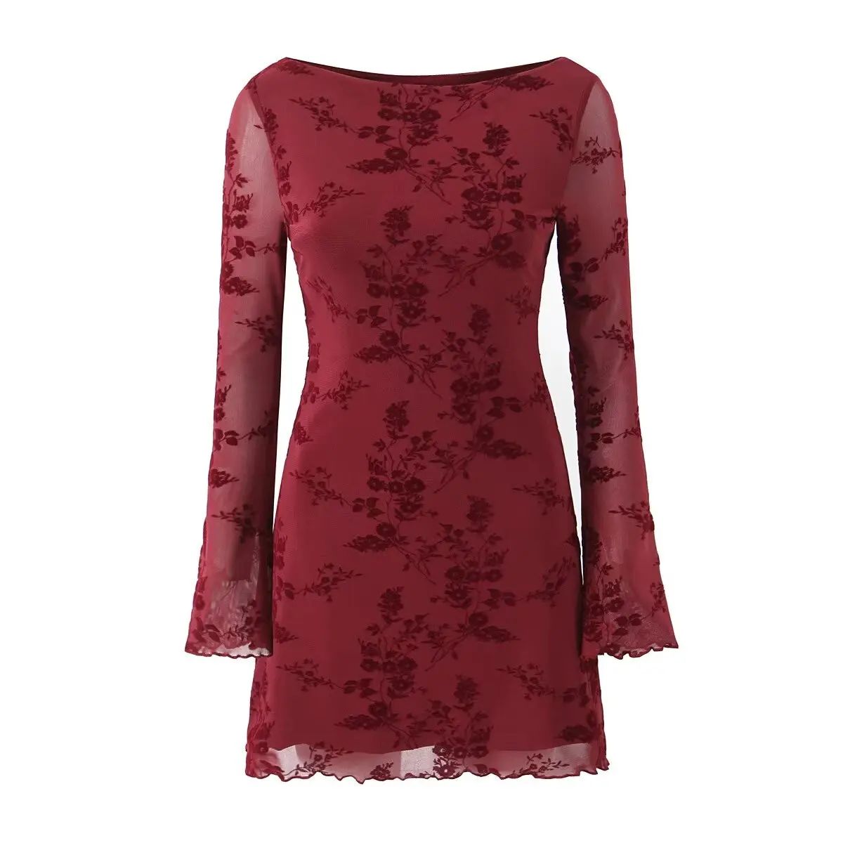 Vintage Flocking Flower Mesh Mini Dress with Flare Sleeves for Women Yenkye - Women's Mini Dresses
