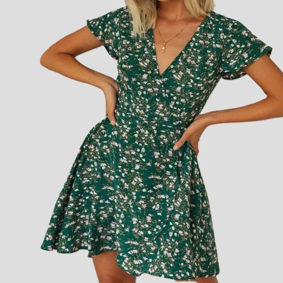 Women's Short Sleeve A-Line Mini Dress with Cross V-Neck