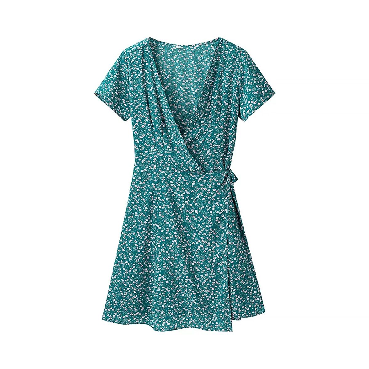 Women's Short Sleeve A-Line Mini Dress with Cross V-Neck