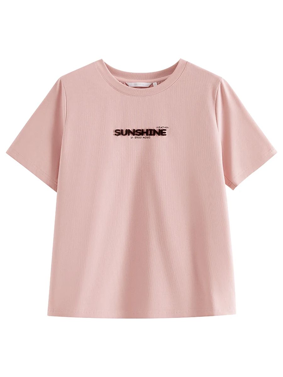 Women's Cotton Round Neck Embroidered Letter T-Shirt