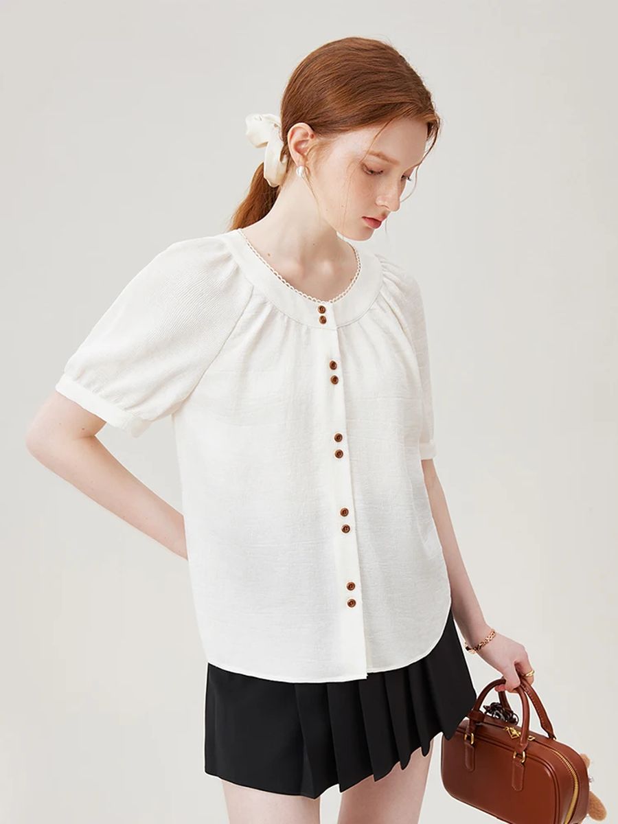 Women's O-Neck Raglan Sleeve Cotton Linen Blouse