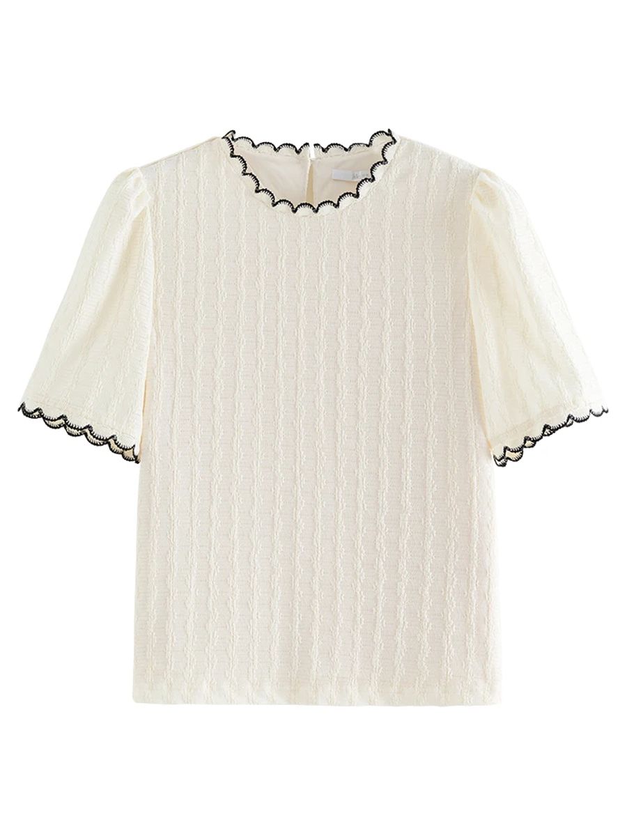 Women's Lace Neckline Short-Sleeve Knitted Summer Blouse