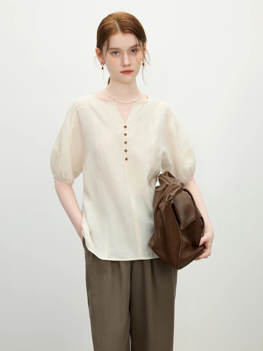 Summer Apricot Essential Minimalist Loose Fit Short-Sleeve Blouse