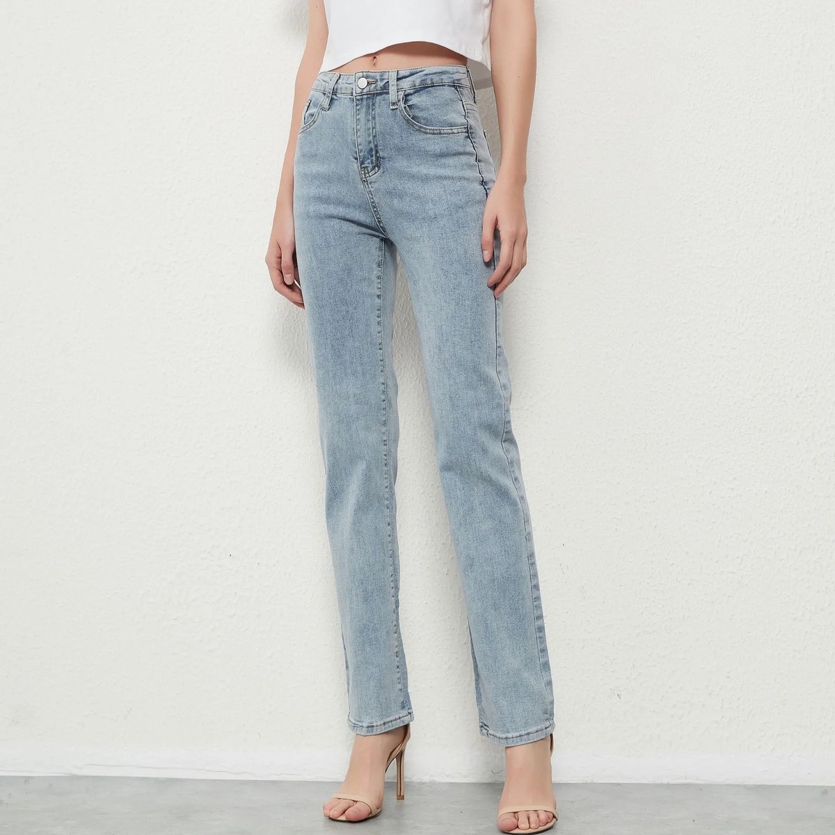 Elastic Straight Pencil Jeans for Women Vintage Mid Waist Denim