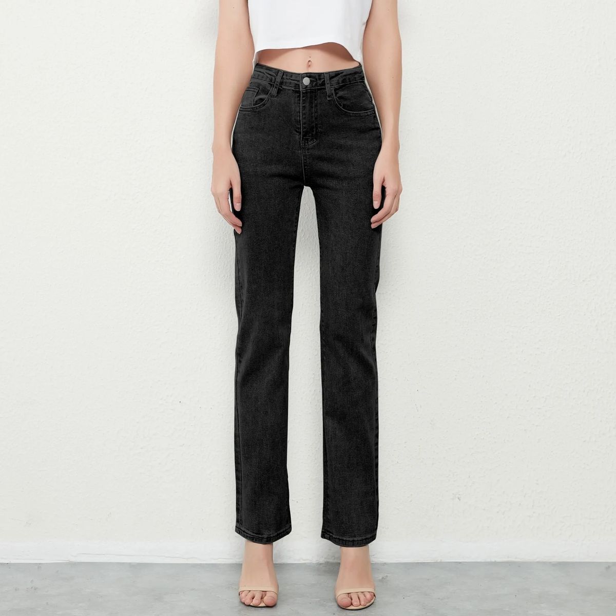 Elastic Straight Pencil Jeans for Women Vintage Mid Waist Denim