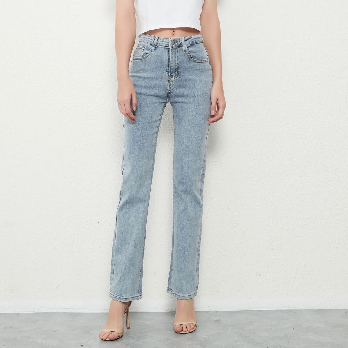 Elastic Straight Pencil Jeans for Women Vintage Mid Waist Denim